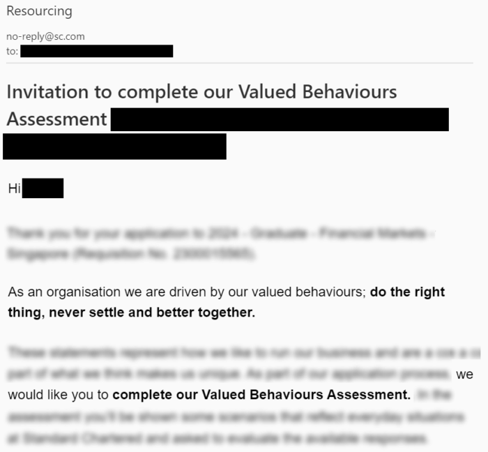 Standard Chartered Valued Behaviours Assessment Test Invitation