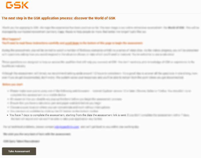 GSK Online Assessment On-Website Invitation