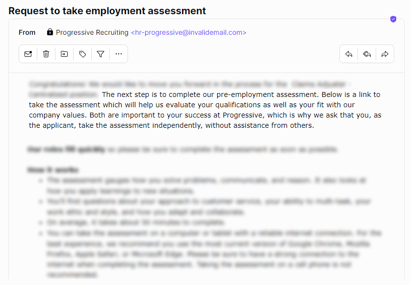 Progressive Pre Employment Assessment Invitation - Edit